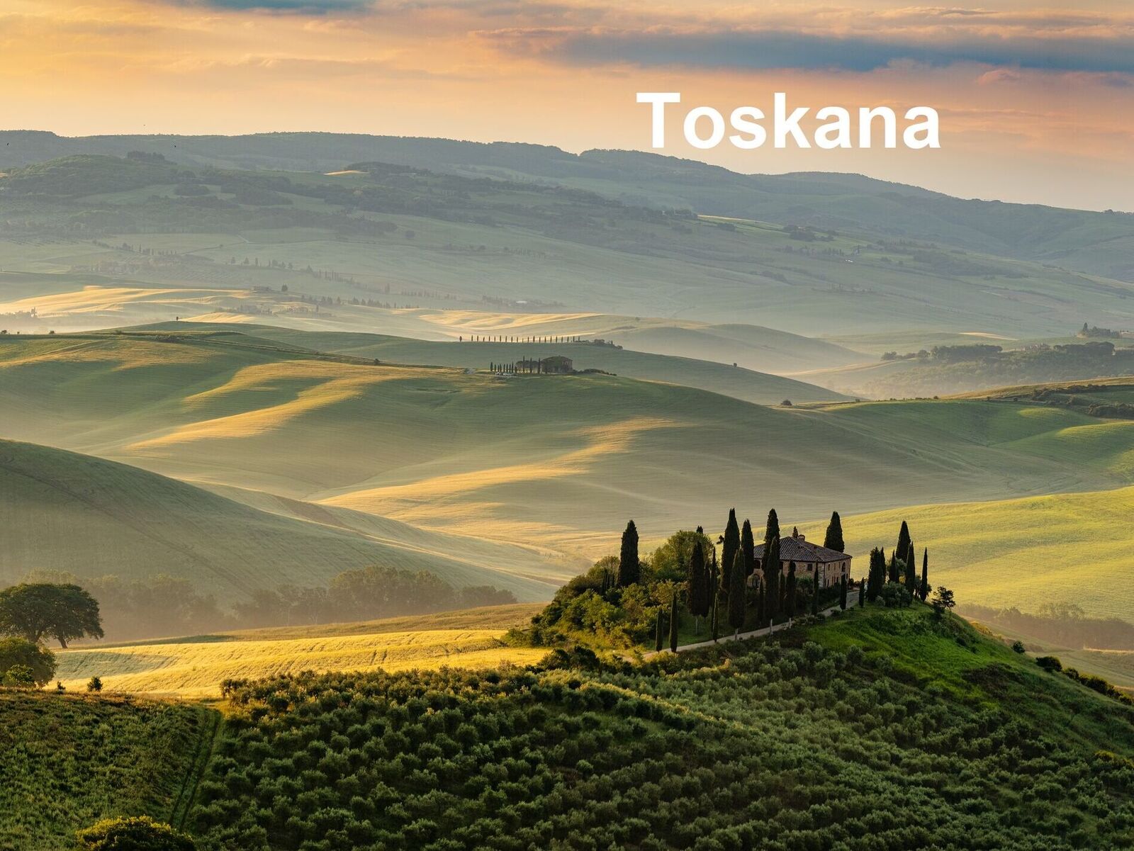 Tuscany landscape at sunrise. Typical for the region tuscan farm